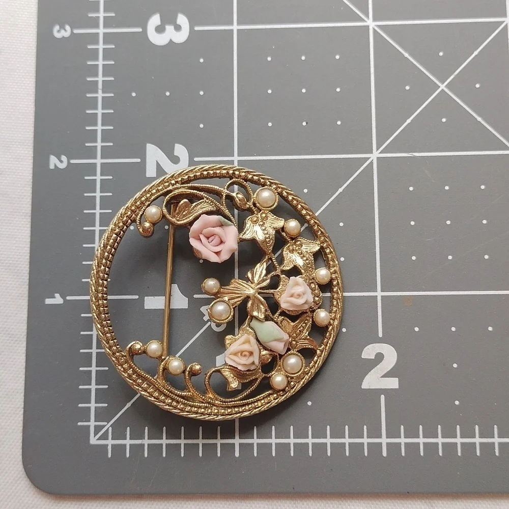 Gold Tone Pink Roses Floral Brooch  Faux Pearls Classic Feminine Porcelain